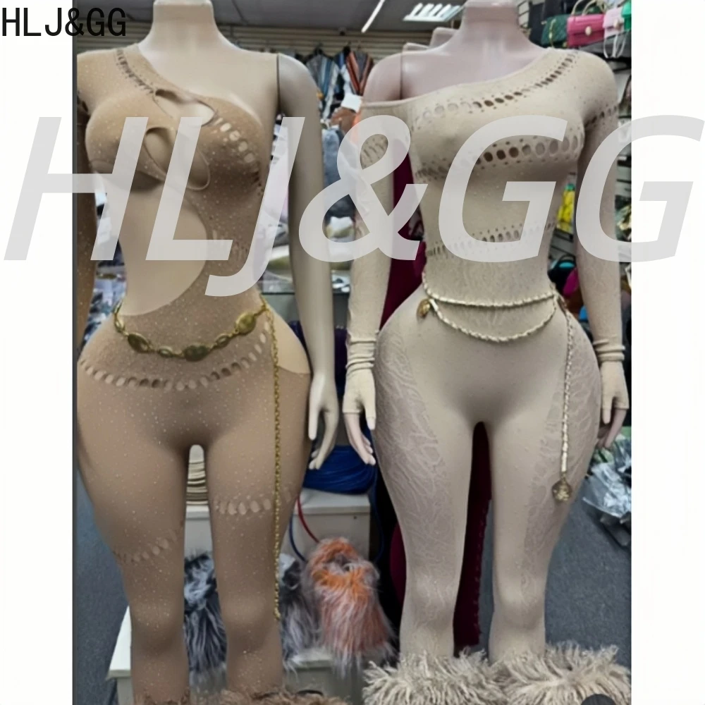

HLJ&GG Sexy Sparkling Rhinestone Hollow Bodycon One Piece Jumpsuits Women One Shoulder Long Sleeve Slim Playsuit With Chain 2025