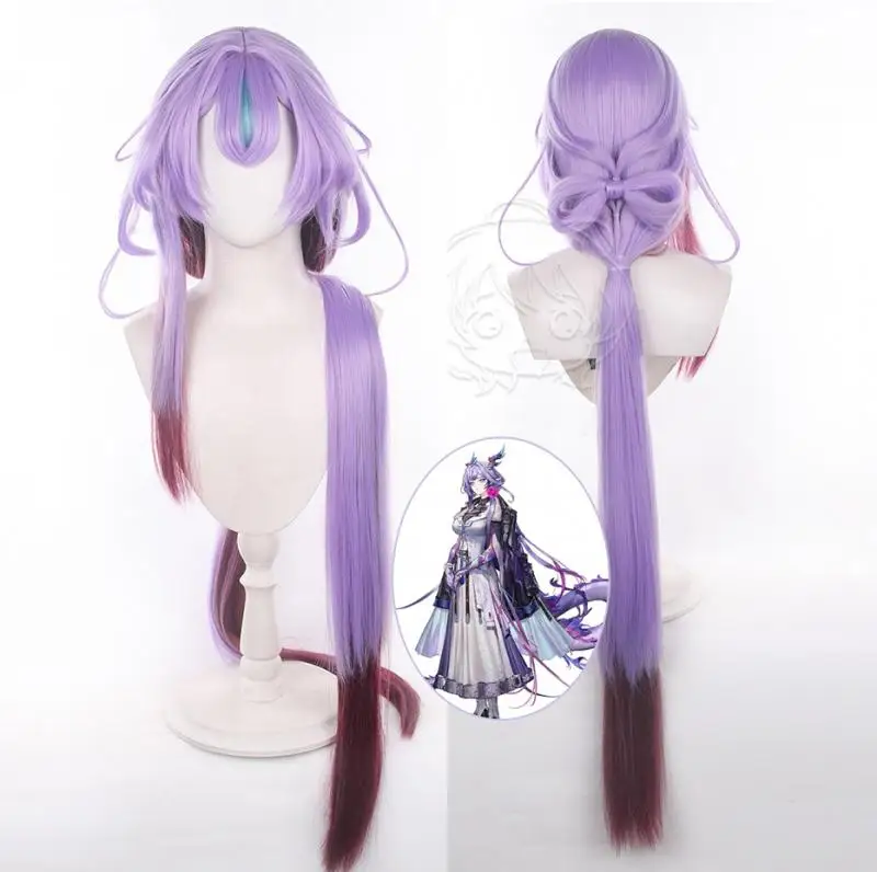 Arknights Jun Cosplay Perücken Kostüme Kopfbedeckung 120cm Lange Simulierte Kopfhaut Dicke Gemischte Voluminöse Langhaarperücken mit Schleife und Zubehör – Detail 2