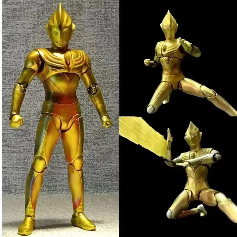 Bandai S.H. Figuarts True Bone Carving Method Gold Ultraman Tiga Anime Figure Model Action Toys Gifts Delivery Bracket 15cm