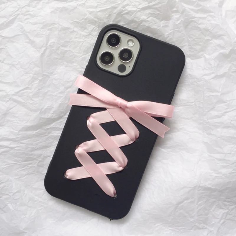 3D Ribbon Pink Bow Phone Case For iPhone 16 15 14 13 12 11 Pro Max X XR 7 8 Plus SE Samsung Galaxy Soft Cover Cute Lolita Ins