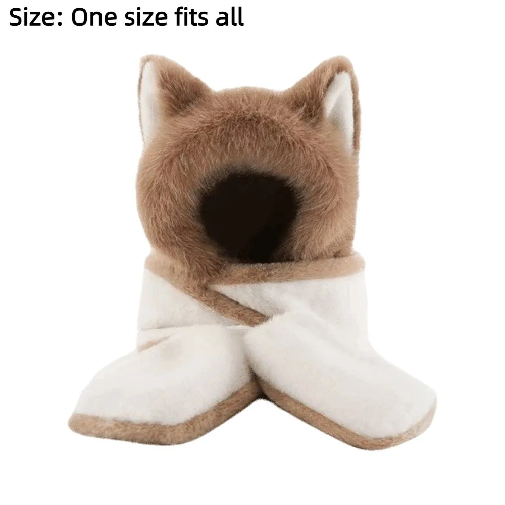 かわいい 3-in-1 キツネ耳帽子 スカーフ 手袋 防風耳保護 フード付きスカーフ 保温 ふわふわ 冬用スカーフ アウトドア