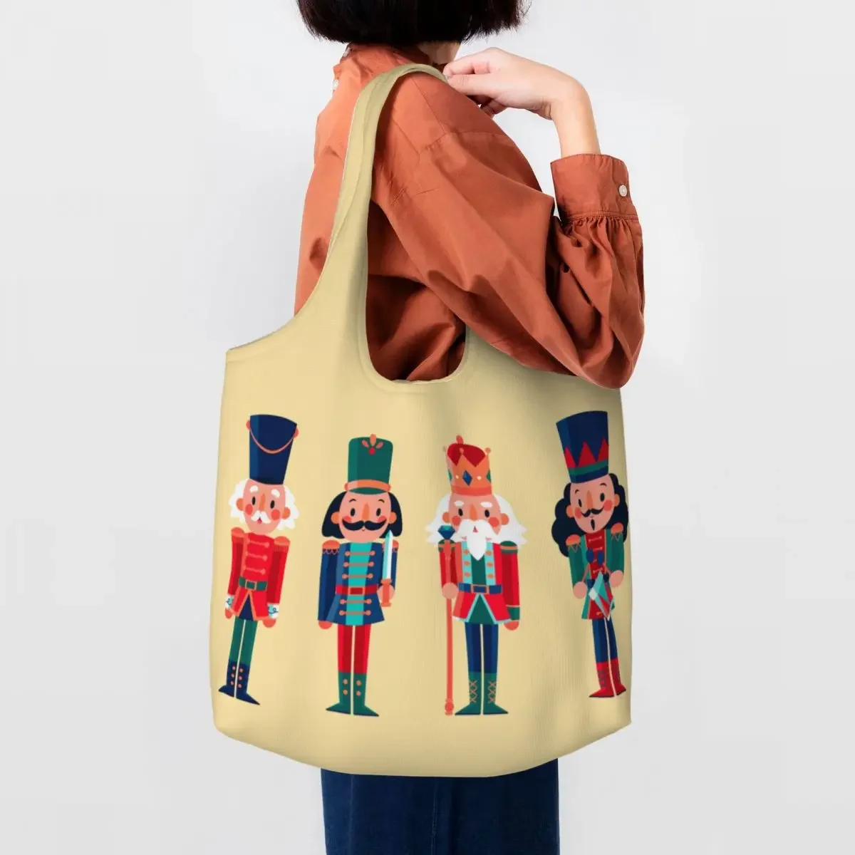 Cartoon Toy Soldier Christmas Nutcracker Gift Shopping Bag Women Shoulder Canvas Tote Bag Washable Groceries Shopper Bags Gifts