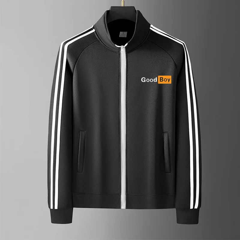 Men Casual Sports Jacket Stand Collar Full Zip 3 White Stripes Letter Graphic Print Long Sleeve Sportswear Male Training Daily