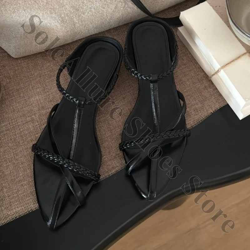 

Black Braided Strap Split Pointed Toe Sandals T-Strap Ankle Wrap Flat Slip-On Slide Shoes Thin Woven Band Open Back Minimal Flat