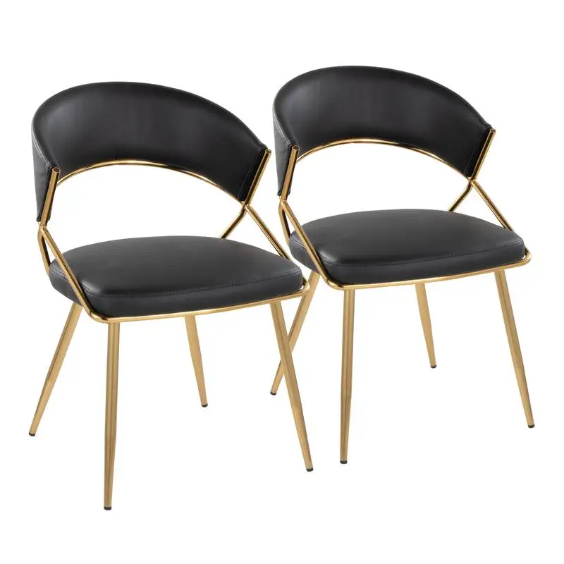 Set of 2 Glam Dining Chairs in Gold Metal and Black Faux Leather