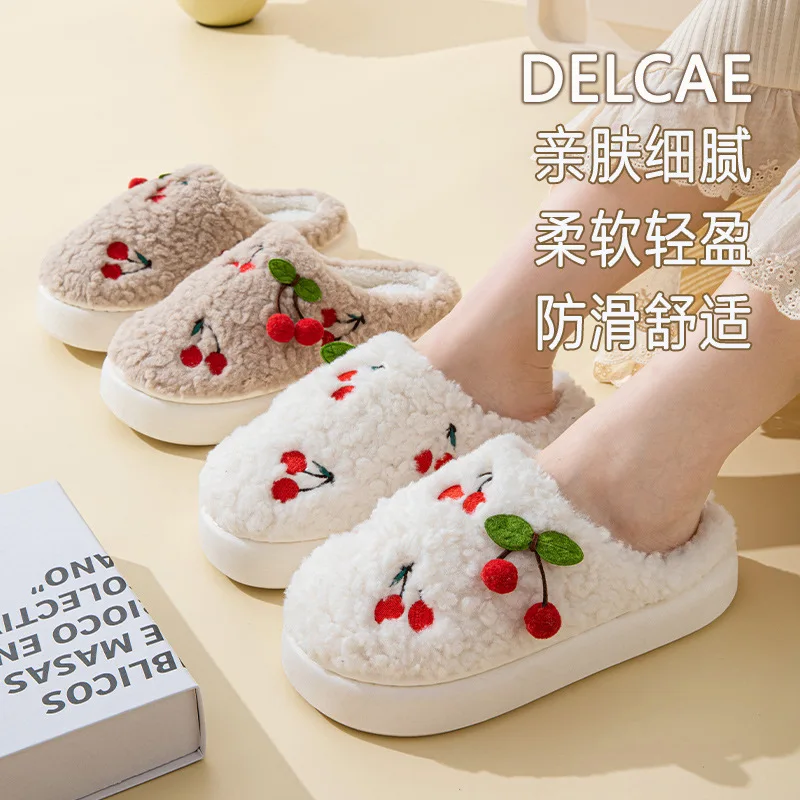 New Women Winter Warm Fuzzy Slippers 3D Cherry Patterned Fuzzy Shoes Thick Sole Fluffy Lined Anti-slip House Shoes Man Shoes