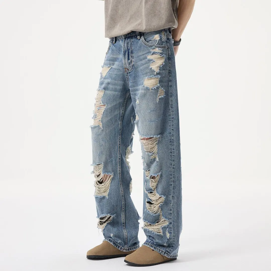 

Spring Summer Broken Hole Denim Beggar Jeans Men Streetwear Fashion Hip Hop Loose Casual Baggy Ripped Jeans Pants Trousers