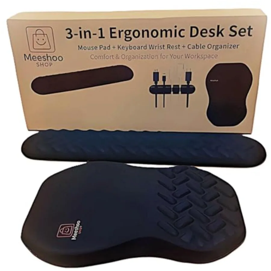 

Набор эргономичных ковриков для мыши 3-в-1 с подставкой для запястья для клавиатуры, органайзером для кабелей, пеной с эффектом памяти для облегчения синдрома запястного канала, нескользящая основа, черный