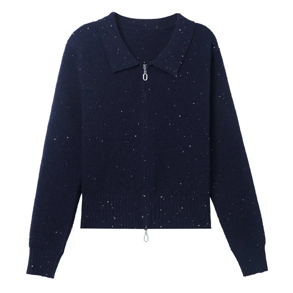 

Women's Fashion Lapel Zipper Knitted Cardigan Short Sweater Jacket Spring Autumn Outerwear New