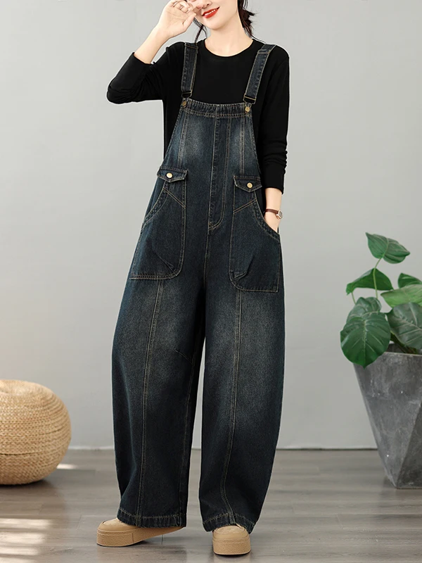 Loose Casual Denim Overalls with Big Pockets for plus Size Women Knife Shape Design Comfortable Cotton Blend Spring Autumn