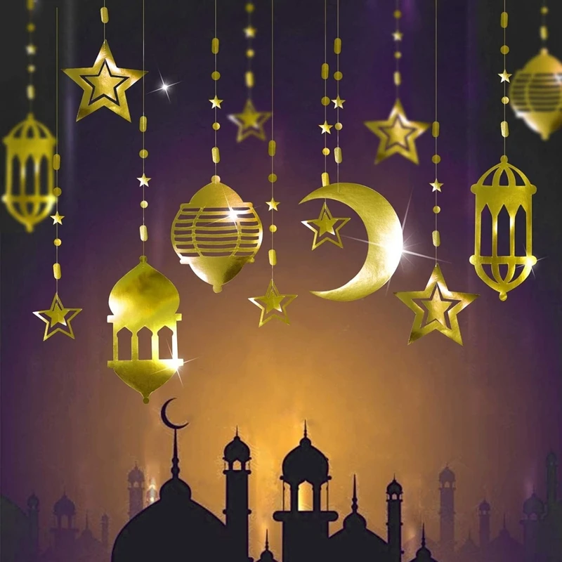 

Gold Silver Star Moon Lantern Hanging Streamer Ramadan Eid Mubarak Home Decoration Garland 2025 Muslim Islamic Party Supplies