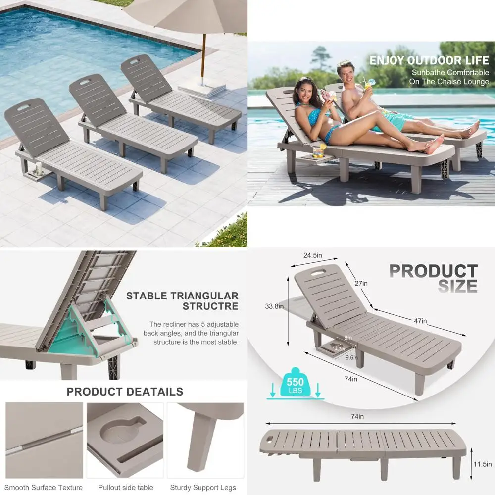 Adjustable 5-Position Waterproof Outdoor Chaise Lounge Set of 3, All-Weather Resin Chairs for Patio Relaxation