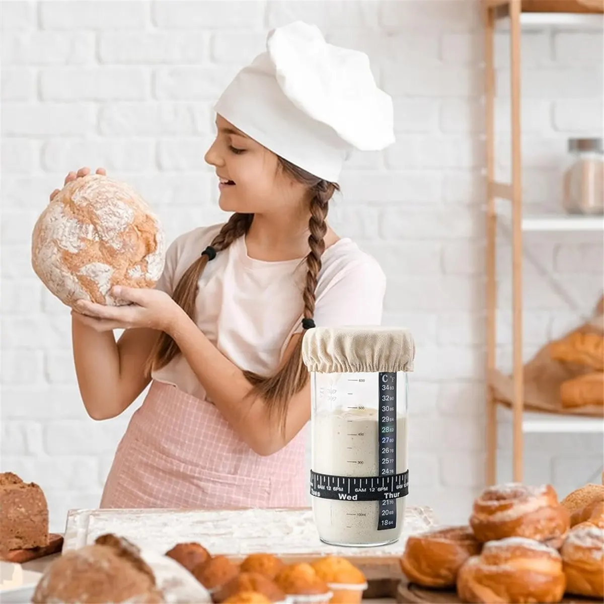 N14R Top Sourdough Bread Fermentation Kit with Date Marking Feeding Bands and Proofing Baskets