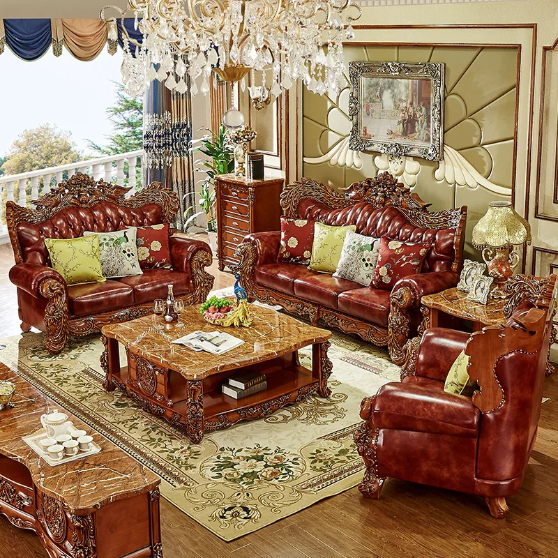 European-style First-floor Leather Sofa, High-end Classical Villa Luxury Phoenix Solid Wood Carved American Living Room  Sofa