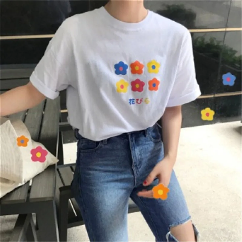 Women Summer Korean Version Loose All-match Small Flower Short-sleeved T-shirt Women's New Letter Half-sleeved Top Clothes