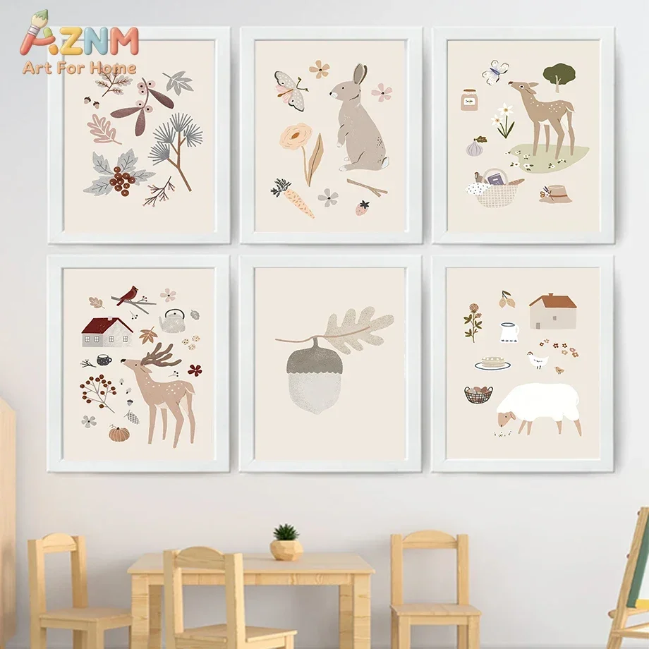 AZNM Neutral Watercolor Woodland Animal Canvas Wall Art Rabbit Squirrel Deer Sheep Horse Floral Bird Farmhouse Minimalist Unfram