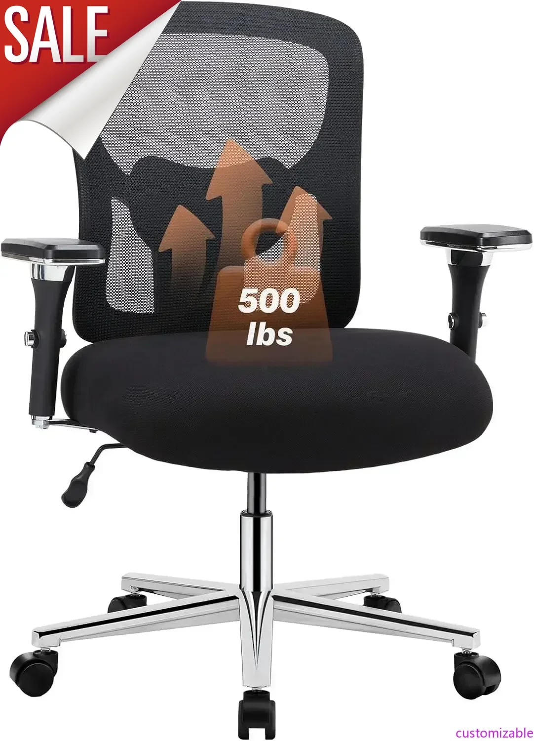 Customizable Big and Tall Office Desk Chair with Lumbar Support, 500lbs Heavy Duty Mesh Ergonomic Computer Chair with Arm