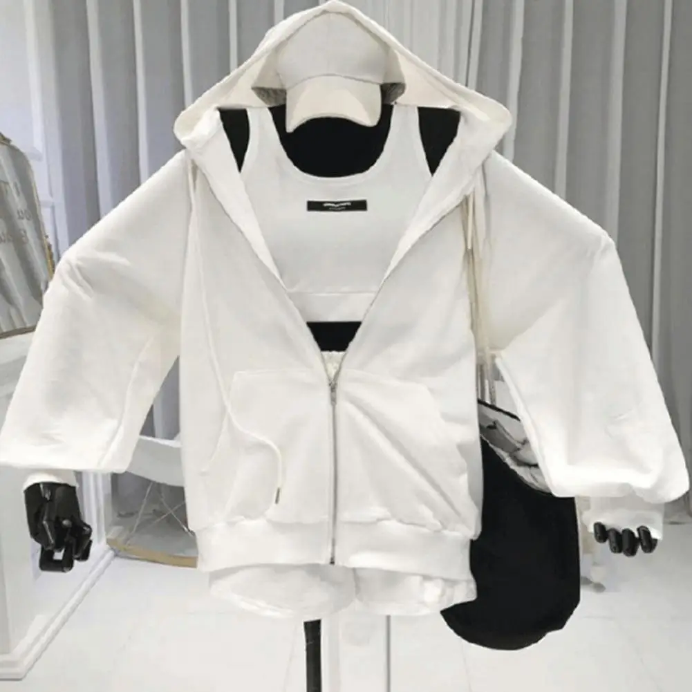 Popular Thin Coat Wear Resistant Women Coat Zipper Closure Pure Color Stretchy Shorts with Thin Coat Vest Set Decorative