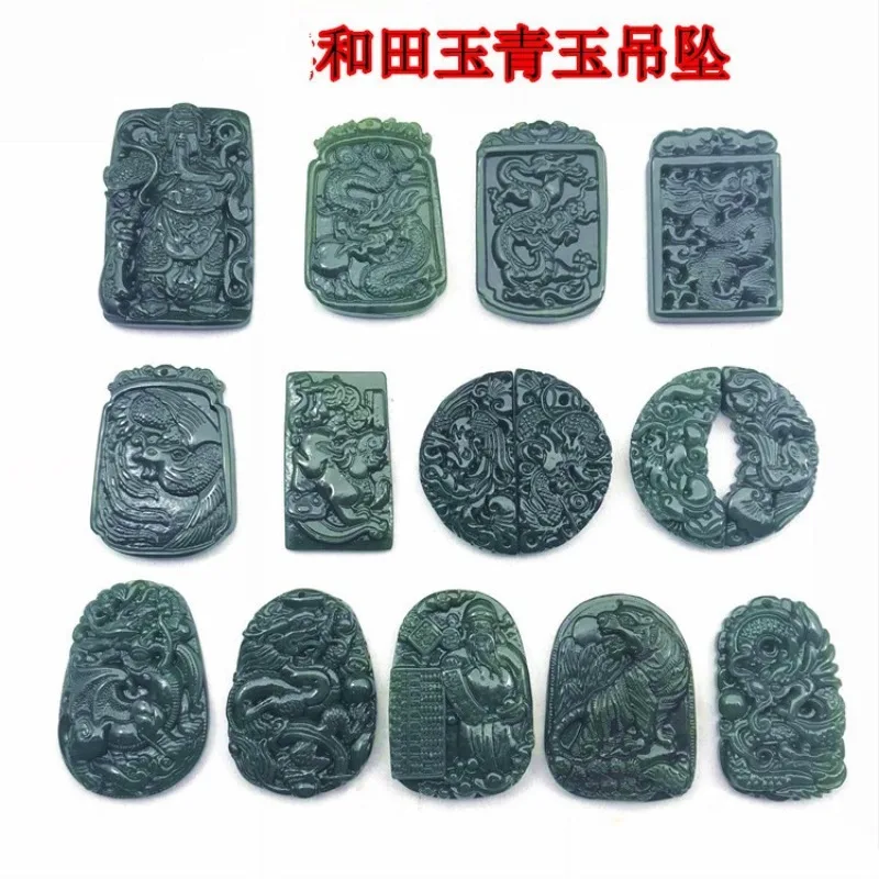 Hotan Blue Jade Pendant for Men Guangong Necklace Ink Dragon Brand Hotan Jade Guanyin Buddha white jade safe sign