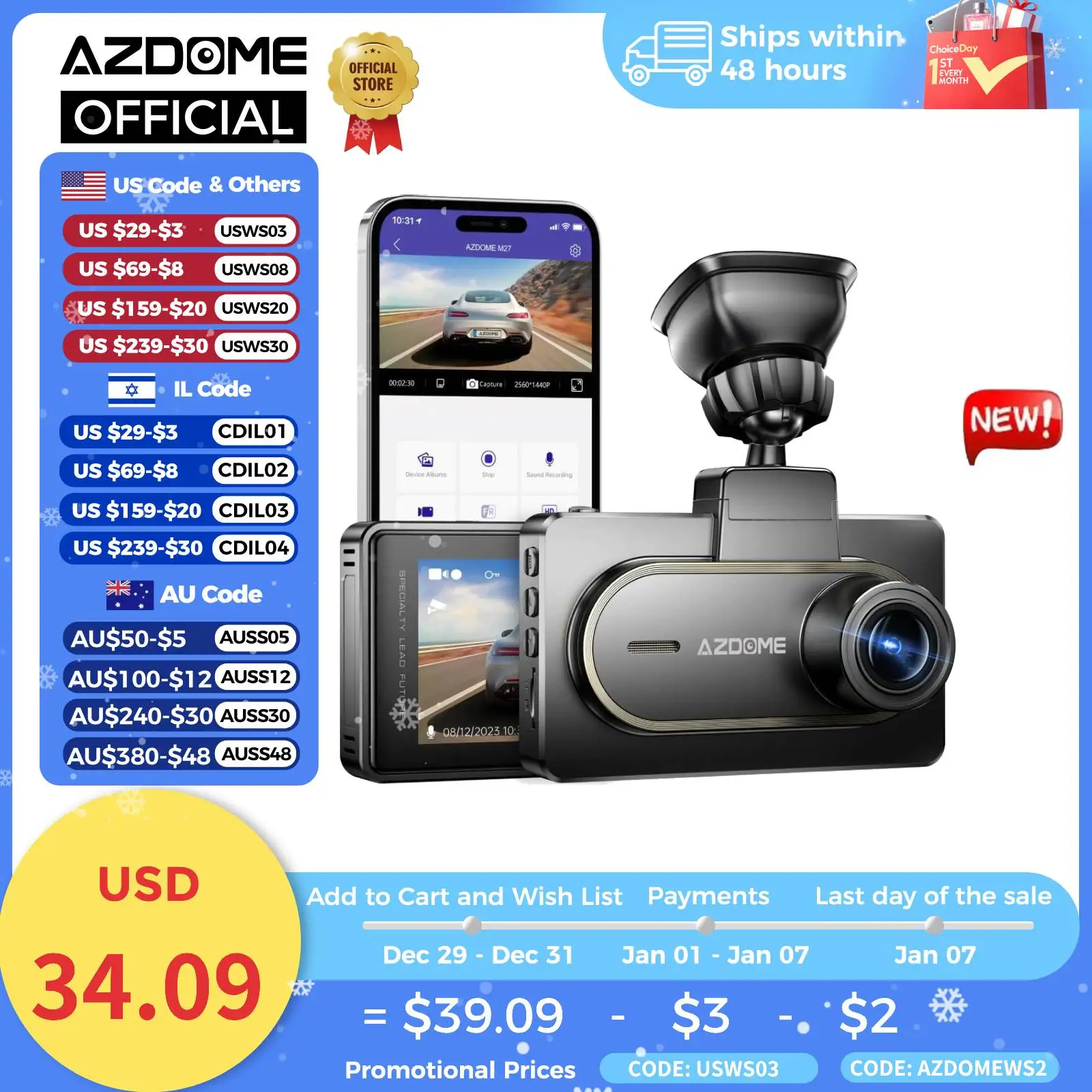 AZDOME Dash Cam M27 Car DVR 2K Resolution FHD 1440P WiFi 3inch IPS Screen Car Recorders Night Vision Parking Monitor G-Sensor