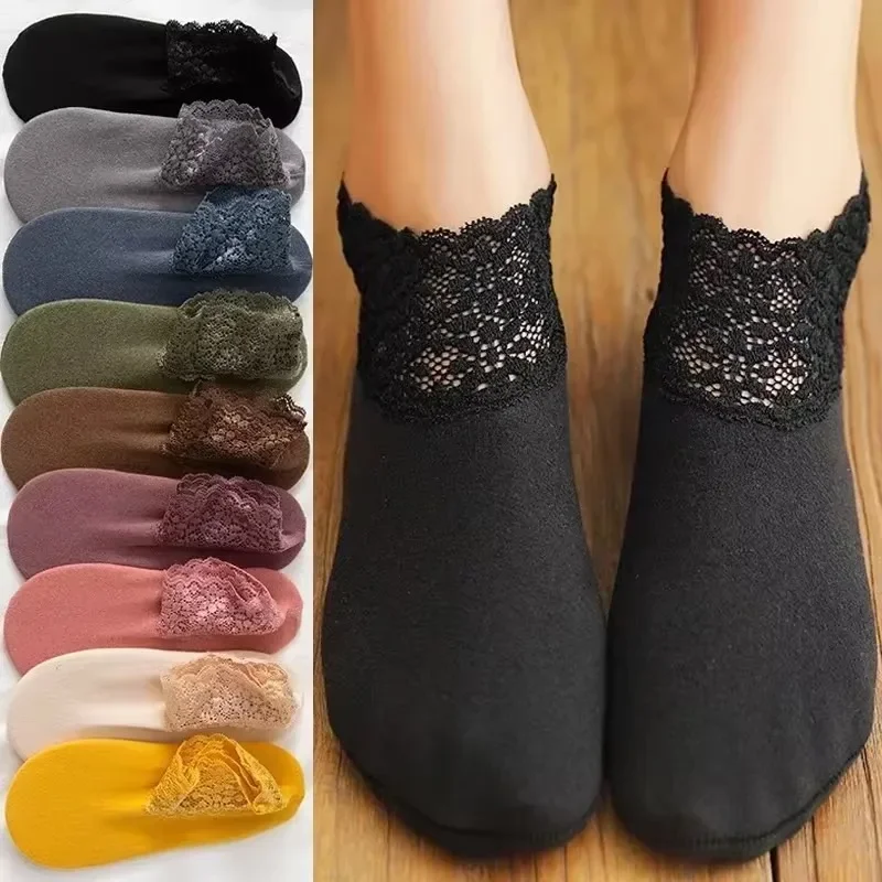 2024 Lace Warmer Socks Women Fashion Ladies Girl Winter Non-Slip Cotton Warm Ankle Socks Soft Thin Breathable Casual 5/1pairs