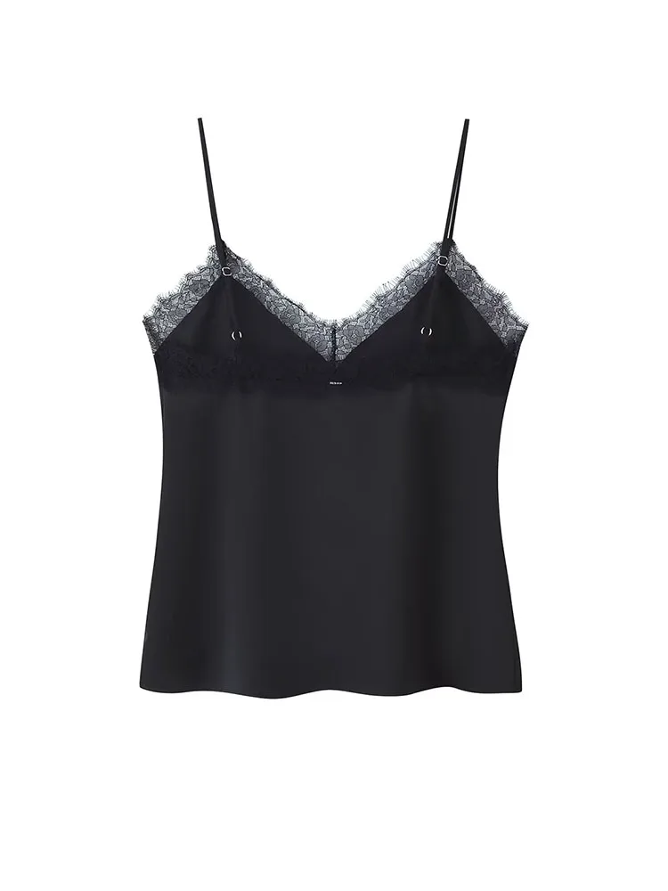 HH Vrouw 2025 Kerst Nieuwe Mode Kanten Rand Sling Mouwloze V-hals Mini Top Vrouwelijke Slanke Dunne Licht Sexy Backless Party top