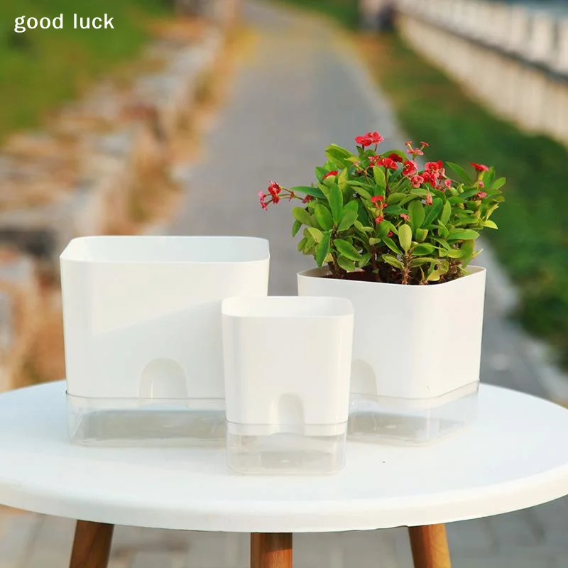 White Self Watering Plant Pot Square Double Layer Flowerpot For Home Indoor And Outdoor Balcony Garden Plants Decor Flowerpot