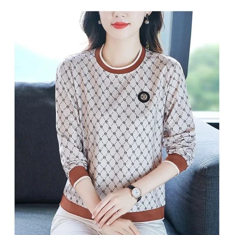 Women\'s Clothing Round Neck Pullover Lantern Long Sleeve Contrast Color Geometric T-shirt Loose Elegant Printing Trendy Tops