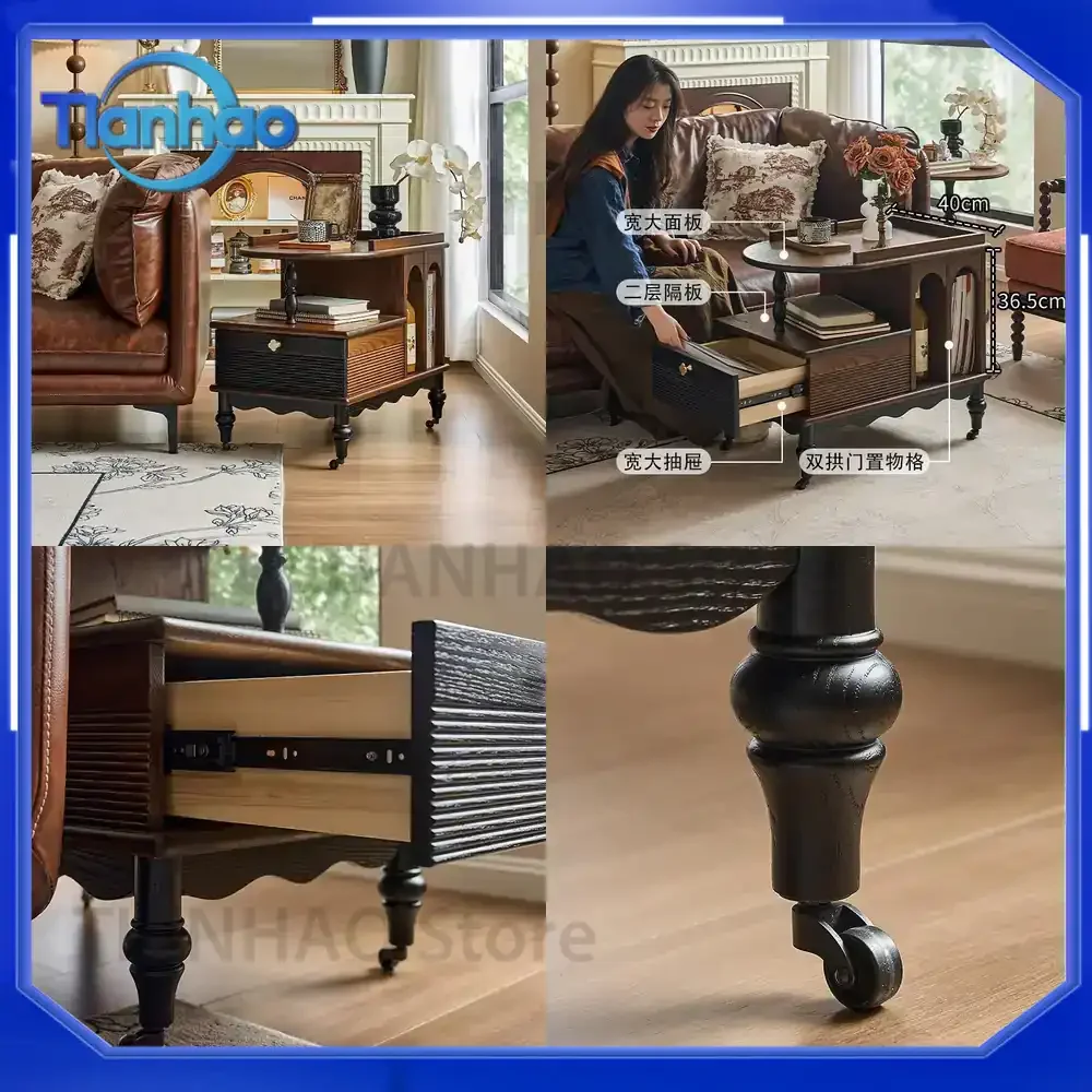 Vintage French Style Solid Wood Serving Cart for Living Room Mobile Coffee Table Mid Century Dining Cart with Wheels Home