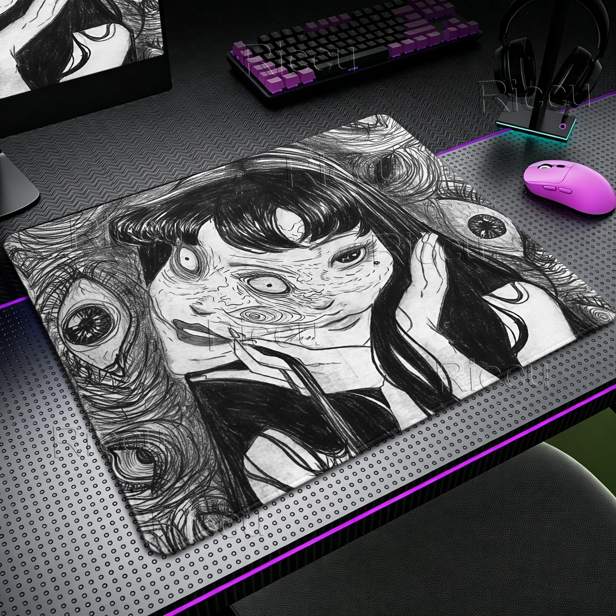 Black and White Mouse Pad Gaming Keyboard Mat HD Deskpad Gamer Horror Anime Girl Mousepad PC Accessories E-Sports Rug XS Carpet