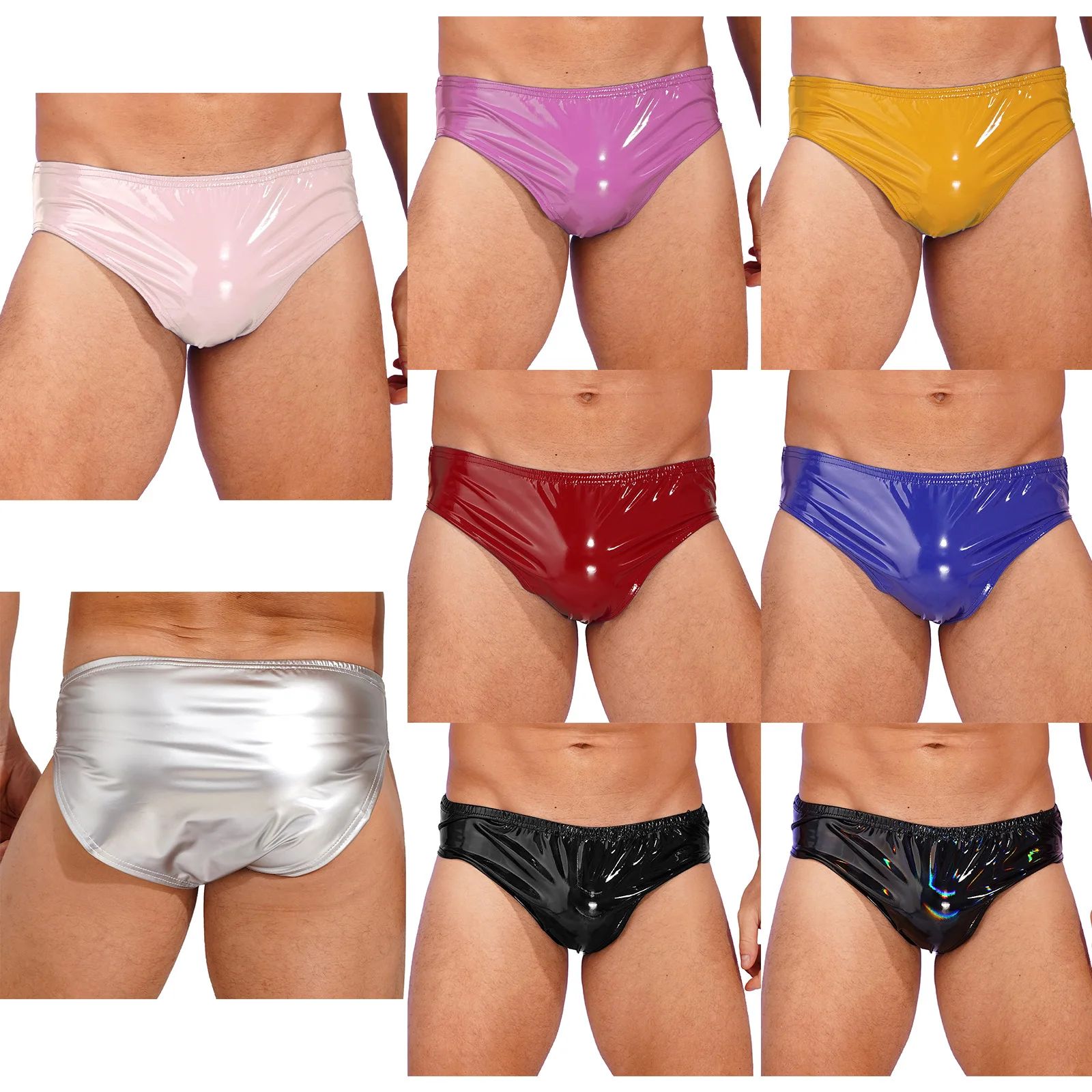 Sexy Men Underwear Glossy Wet Look Patent Leather Briefs Underpants Solid Color Briefs Panties for Nightclub Pole Dancing Party