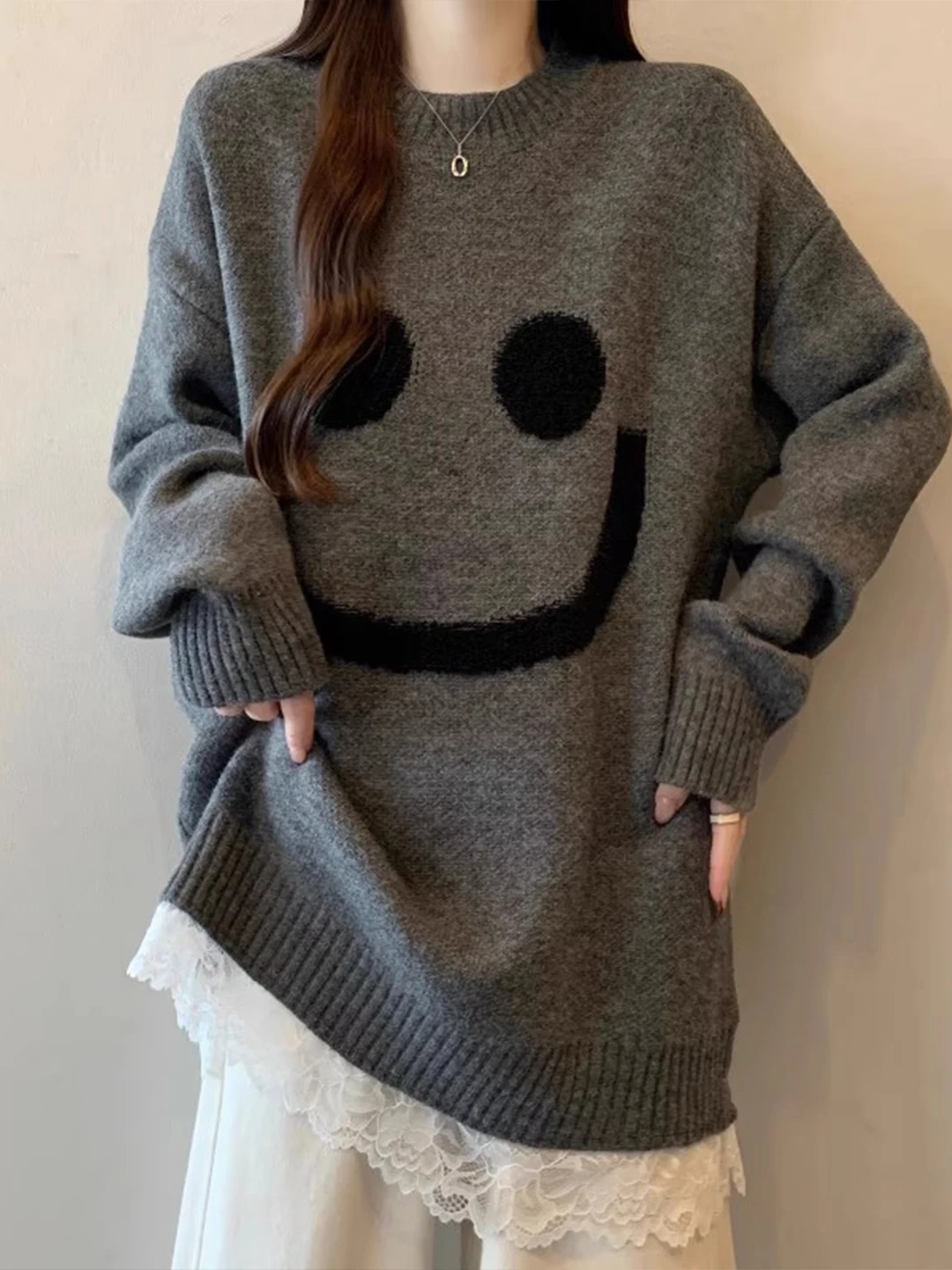 

Loose Fit ey Long Sve Knitted Sweater Women's Autumn Winter Faionable Medium Length Youthful Top for Younger Look
