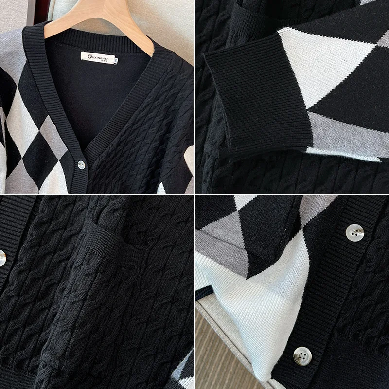 160Kg Plus Size Women\'s Bust 160 Autumn Loose Cardigan V-Neck Sweater Knitted Diamond Plaid Coat Black 6XL 7XL 8XL 9XL10XL