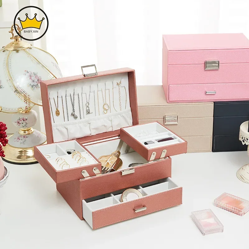 PU Leather Storage Box Multi-layer Jewelry Holder Cute Drawer Pendant Necklace Ring Large Capacity Jewelry Container