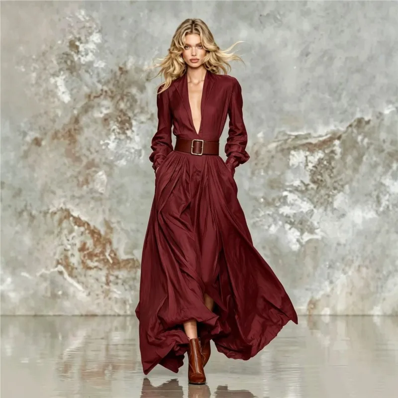 Autumn Fashion Sexy Deep V Neck Long Sleeve Women's Big Hem Long Dress Elegant Female Slim Pocket Party Dress (Including Belt)