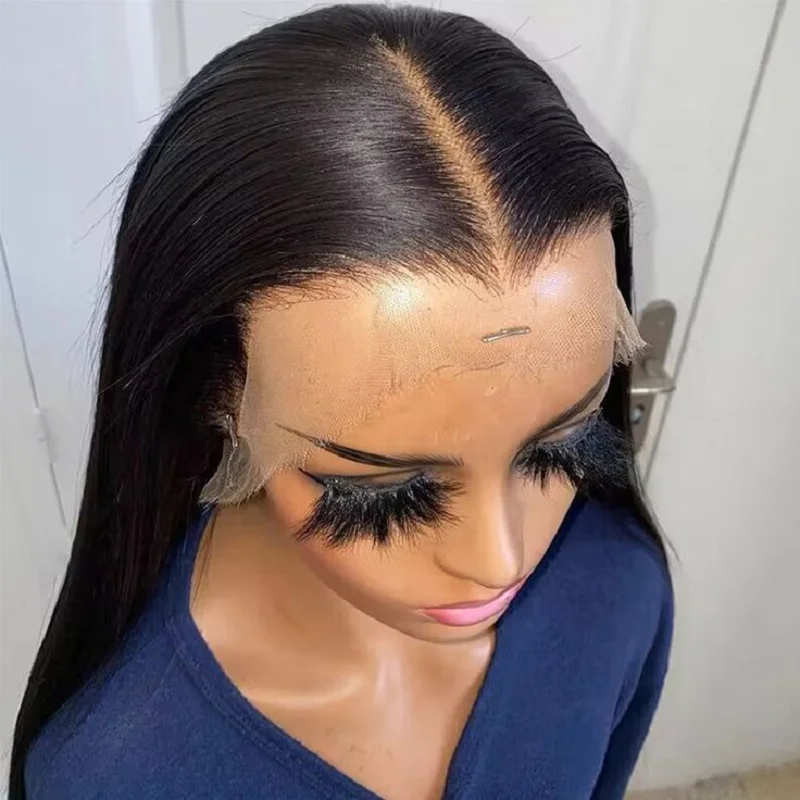 Perruque Lace Front Wig lisse noire, 26 pouces, pre-plucked, sans colle, longue et douce, densité 180, baby hair, degré de chaleur, pour femmes noires