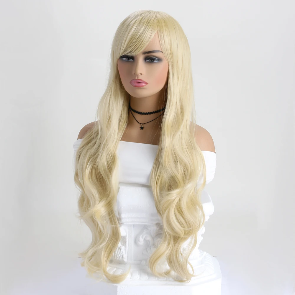 32 Inch Long Wavy Synthetic Wig for Women with Side Swept Bangs, Black Purple Blonde Full Wig for Cosplay Party Daily Wear