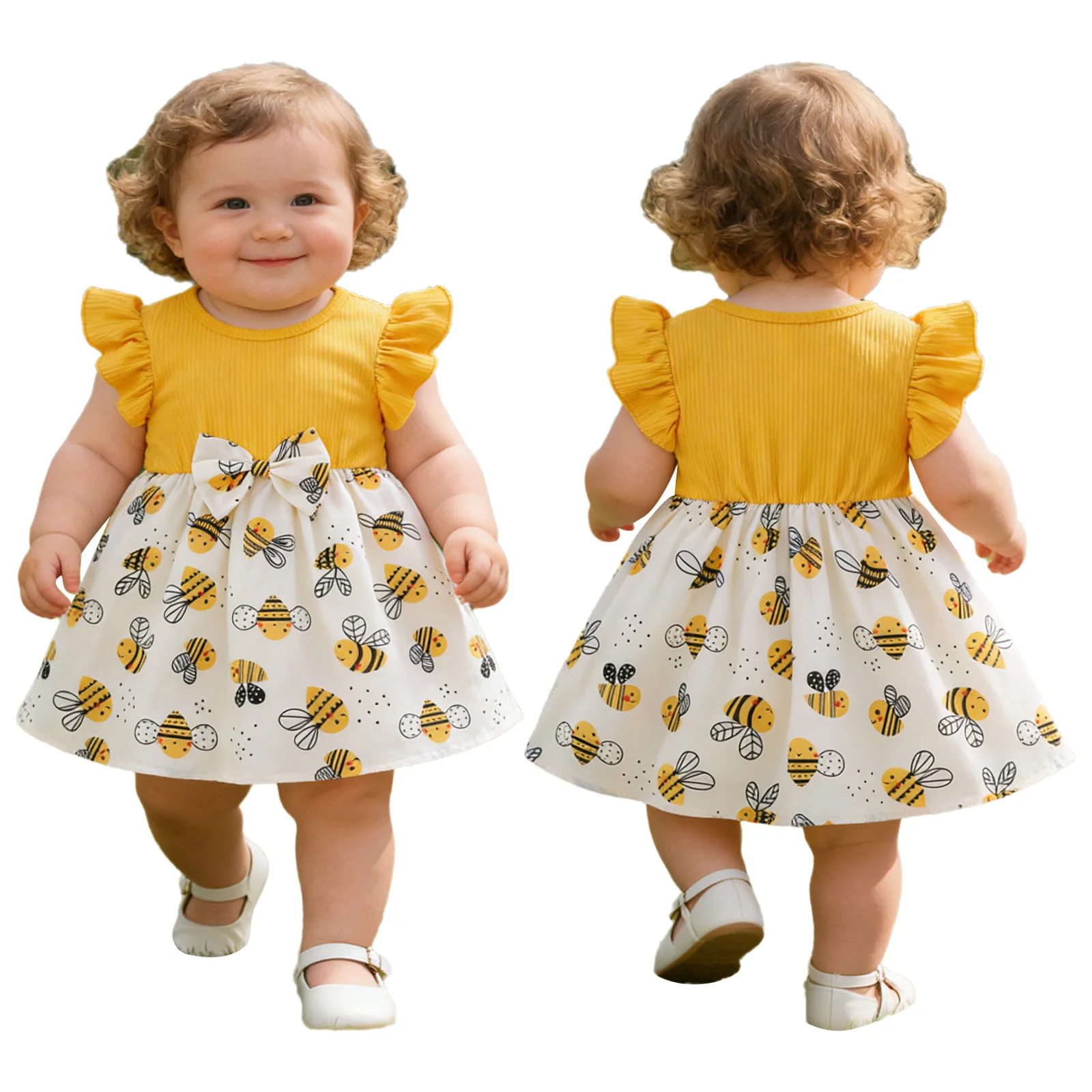 

Весенне-летнее повседневное платье с короткими рукавами и милым принтом пчелы для маленьких девочек, тематическое платье для вечеринки, дня рождения, фотосессии, праздника, школы, повседневной носки