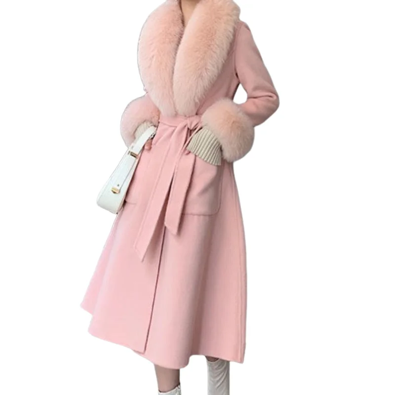 Woolen Coat Women Natural Fox Fur Collar Long Coat Cashmere Wool Blend Women Streetwear 2021