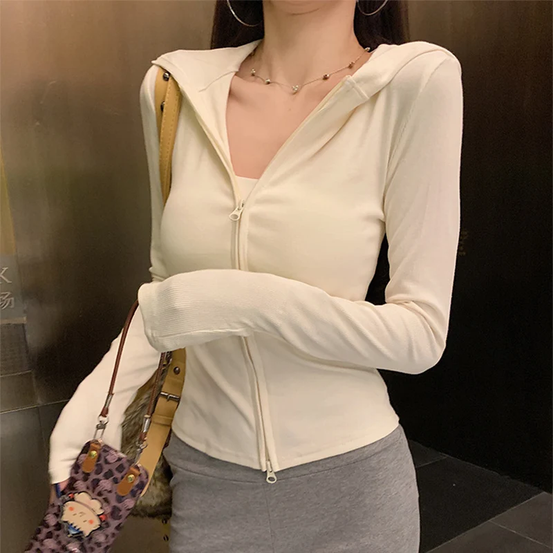 

Korean Thin Slim Fit Zip Up Sweatshirts Coat Women Casual Fitness Yoga Hooded Sports Jacket Autumn Cycling Climbing Jacket Woman