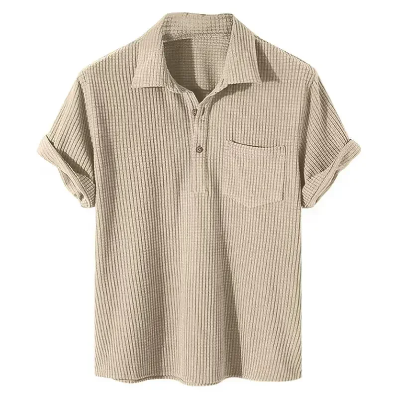 2025 Summer Mens Casual Plaid Polo Shirts Top Turn-Down Collar Button Blouse Short Sleeve Solid Pocket Blouse Shirt Men Clothing