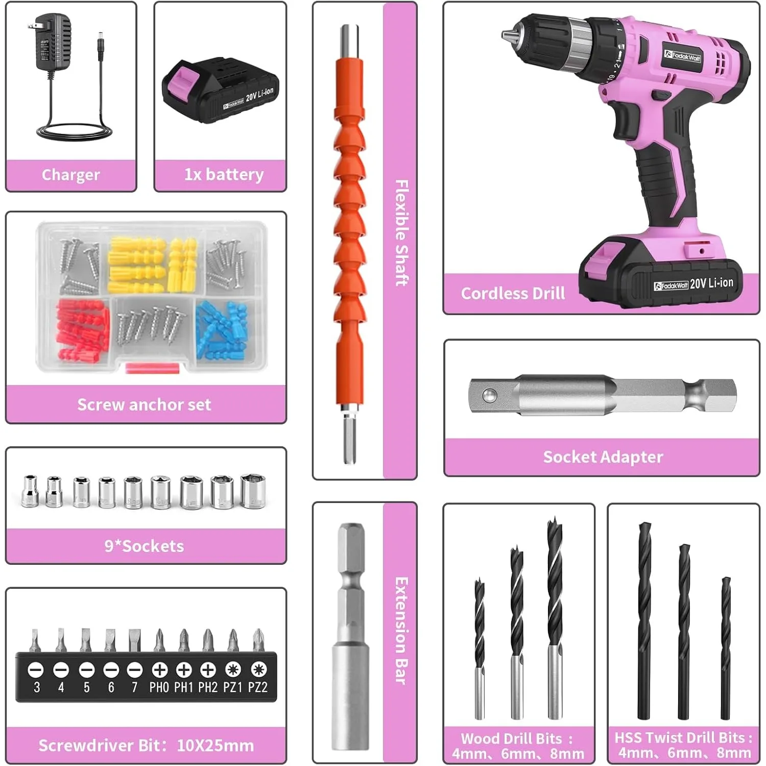 Cordless Drill Set, 20V Electric Power Drill with Battery And Charger, Torque 30N,3/8-In Keyless Chuck, Drill Driver Bits Kit