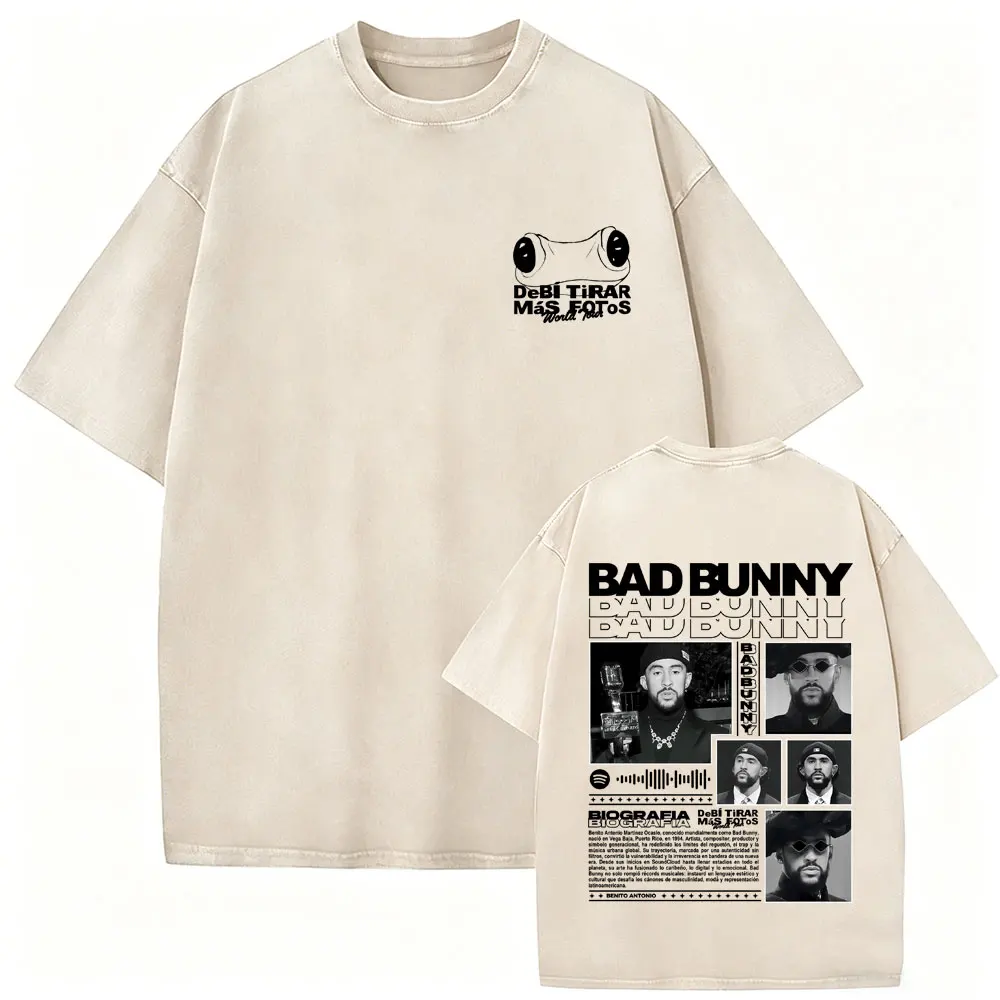 Rapper Bad Bunny Vintage Washed T Shirts Debi Tirar Mas Fotos DTMF Merch T-shirt Men Women Hip Hop Fashion High Quality T-shirts