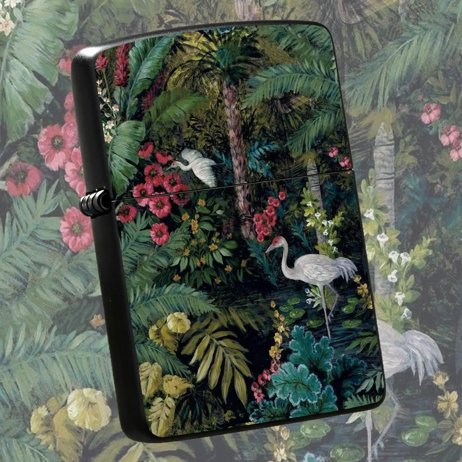 Vintage Tropical Jungle Floral Painted Lighter, Exotic Rainforest Heron Full-Print Art Design, Aesthetic Decor Accessory For Daily Multi-Scene Use, Unique Creative Gift For Friends And Hobbyists, Portable Stylish Person A Humorous And Inter
