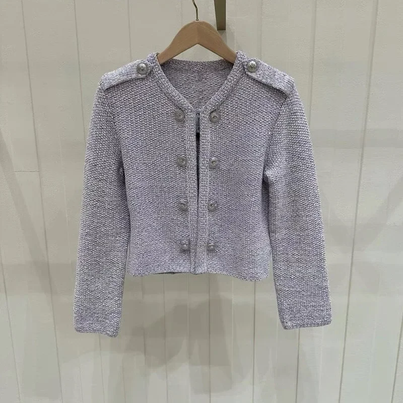 Women Metal Buttons Knitted Jacket Double Breasted Long Sleeve O-Neck Sweet Short Cardigan