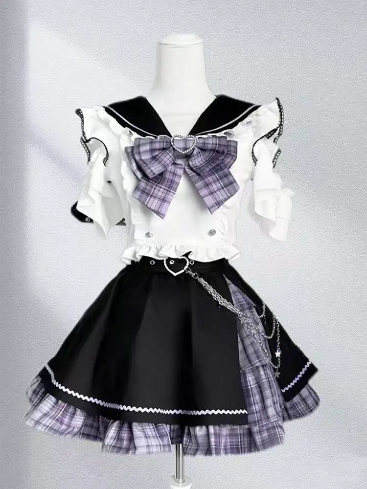 

Lolita Sweet Girl Preppy Style Jk Uniform Set Cute Kawaii Bow Short Sleeved Tops Slim Fit Plaid Splicing Skirt Two Piece Set