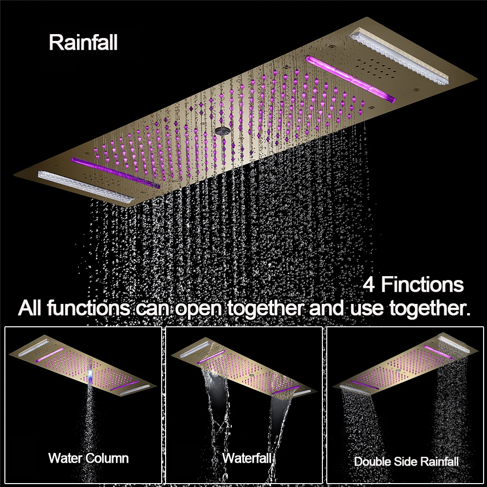 Qlonn Matte Black 35×12 Inch LED Ceiling Mount Shower System 4 Functions Digital Cold Hot Mixer Valve Concealed Showers Head Set