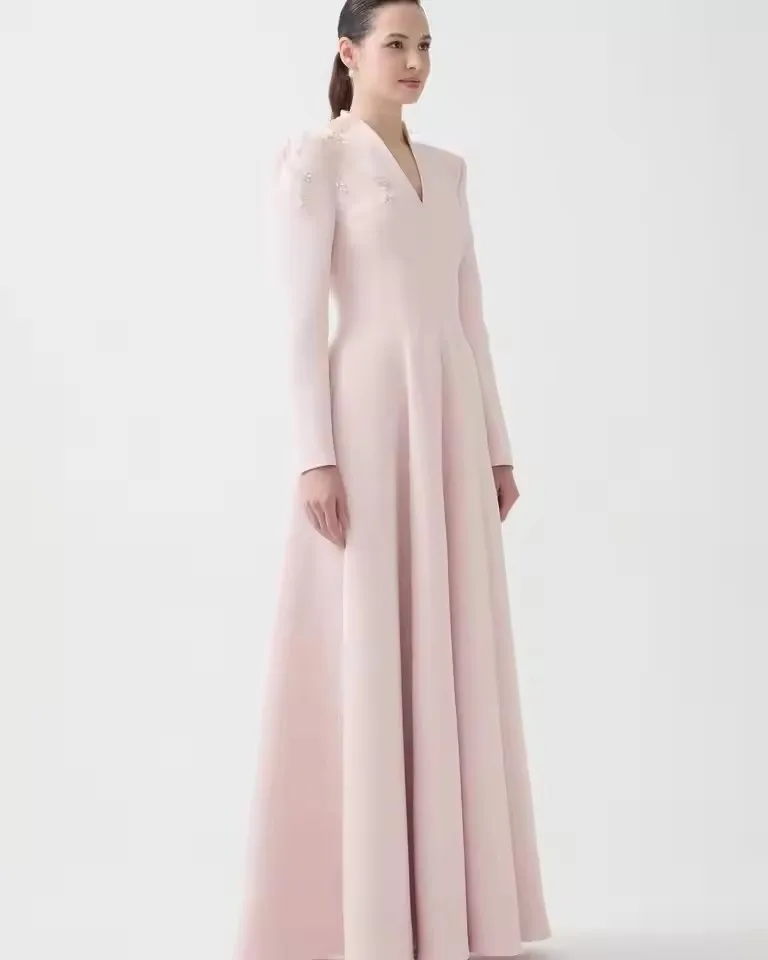 

Elegant Lignt Pink Evening Dresses Modest A Line Long Sleeves Women Formal Wedding Guest Party Gowns Vestidos De Novia Customize