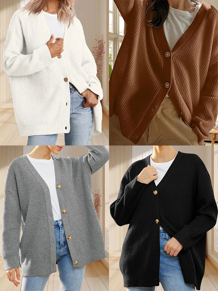 

2025 New Women Basic V-Nick With button sweater clothes Long Sleeve Solid color Knitwear Autumn Winter Female Clothing Tops