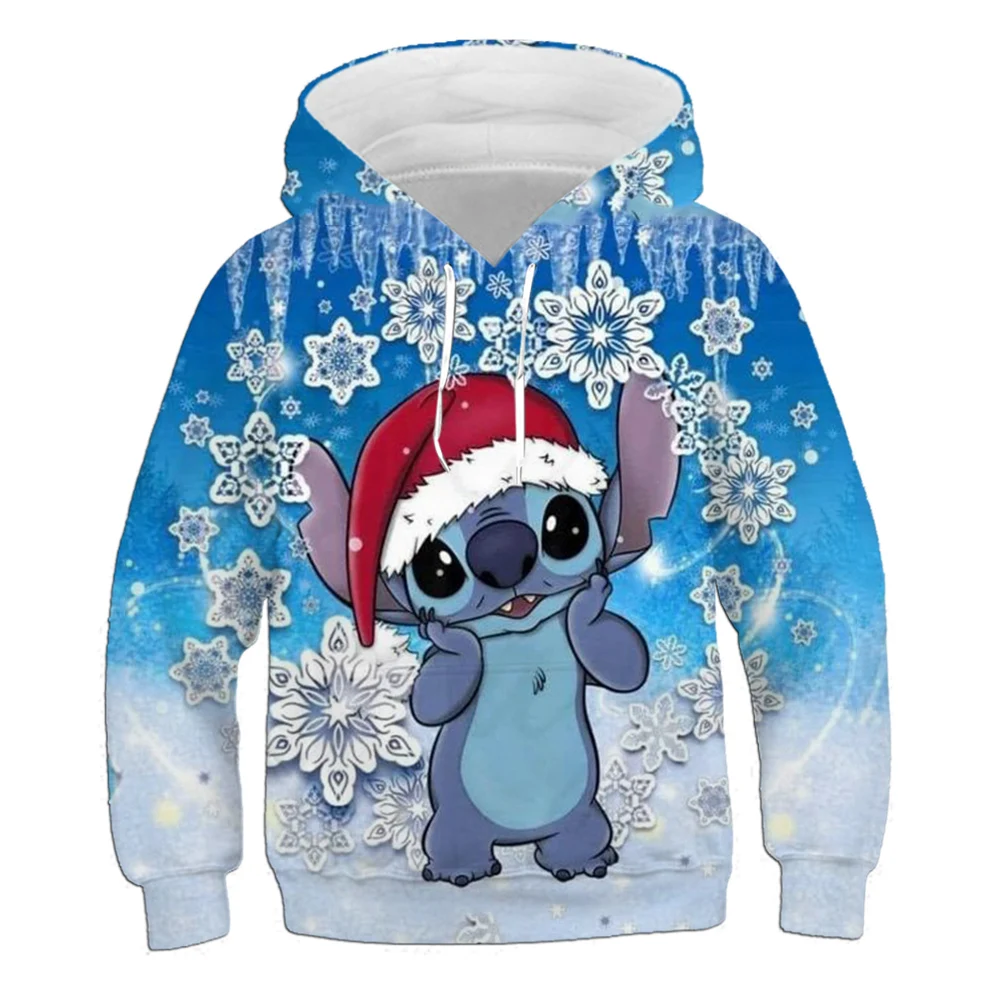 

Fashionable children's printed Christmas Disney Stitch casual cartoon sportswear boys and girls top hooded sweatshirt